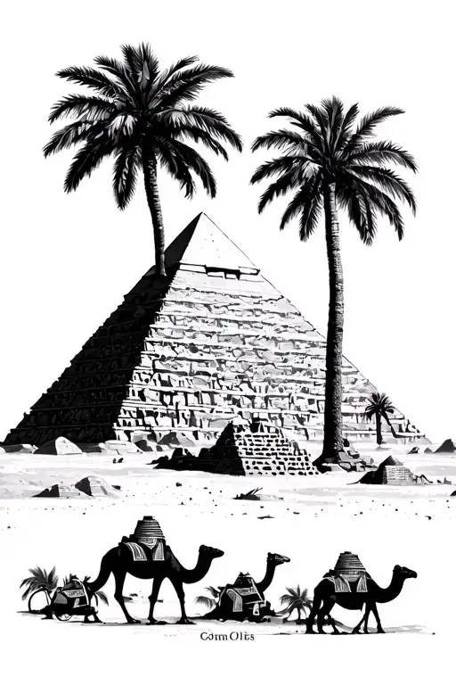 Egyptian Pyramid Landscape With Camels And Palms
