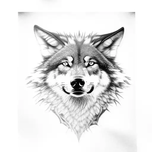 A Black And Grey Realistic Portrait Of A Wolf With Intense Eyes