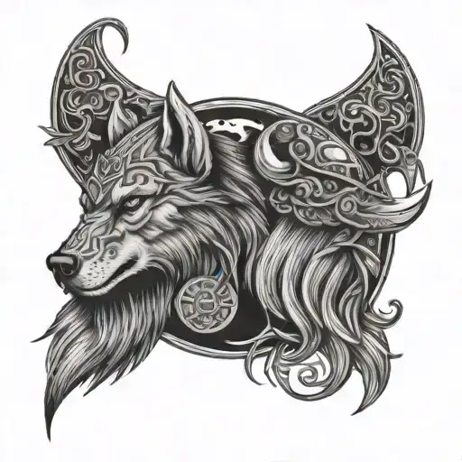 Viking And Wolf Head Moon Surrounded
