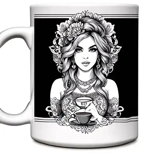 A Coffee Mug That Is A Woman In Traditional Tattoo Style