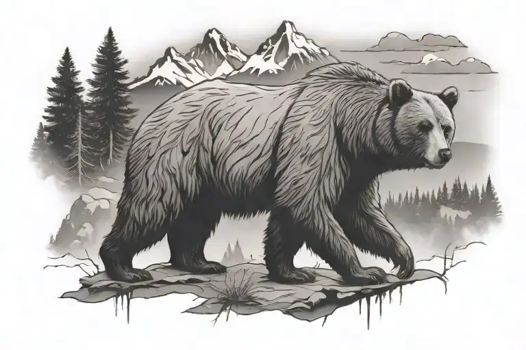 Bear In The Woods Surrounded By Mountains