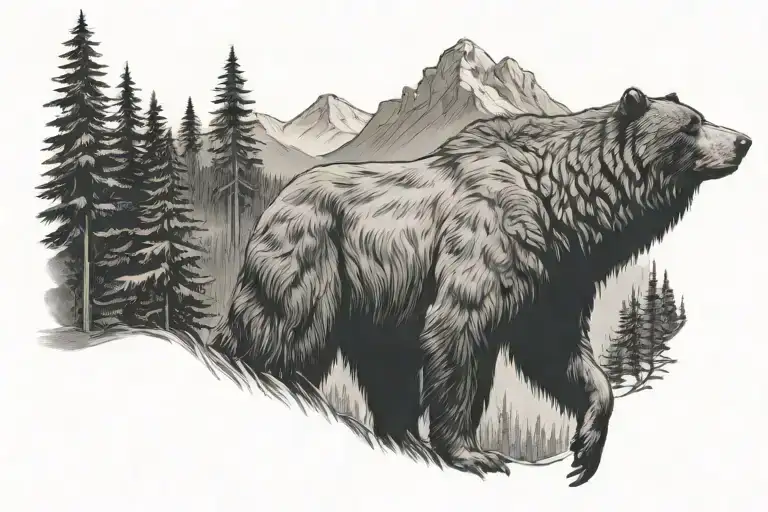 Standing Bear Surrounded By Trees And Mountains
