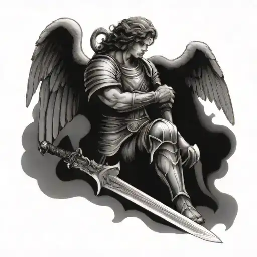Angel With Armor Holding A Sword Kneeling