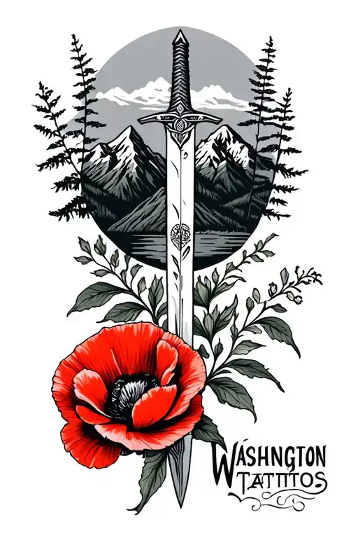 Washington Mountains With Dagger And Poppy Flower