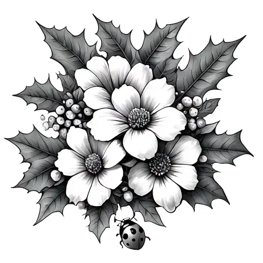 Holly Flowers Intertwined With Different Flowers And A Ladybug