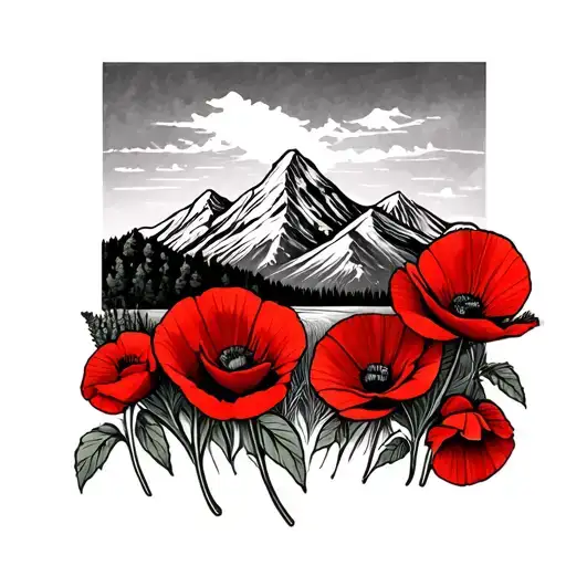 Horizontal Washington Mountains Over Dagger With Red Poppies Under Neath