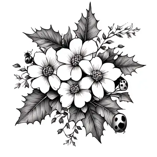 Holly Flowers Intertwined With Different Flowers And A Ladybug Sleeve