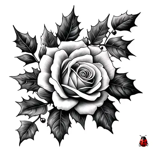 Roses And Holly Flowers With A Ladybug Sitting