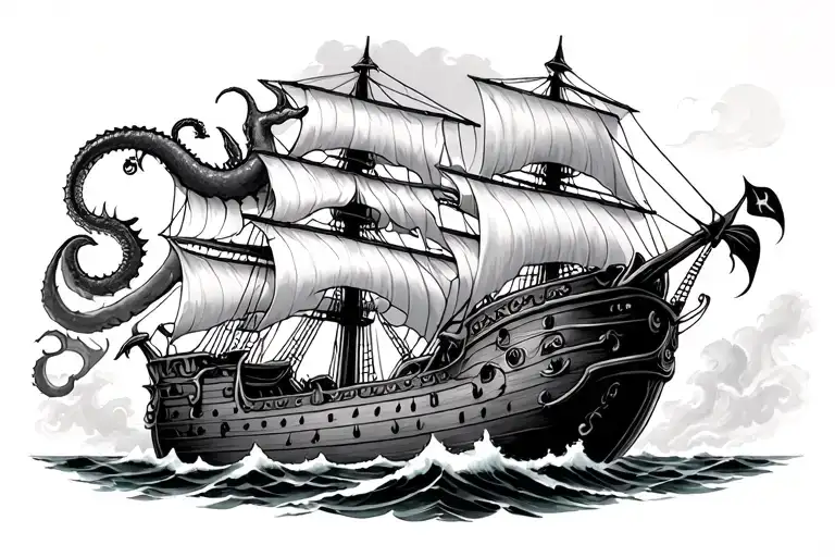 Pirate Ship Fighting Kraken