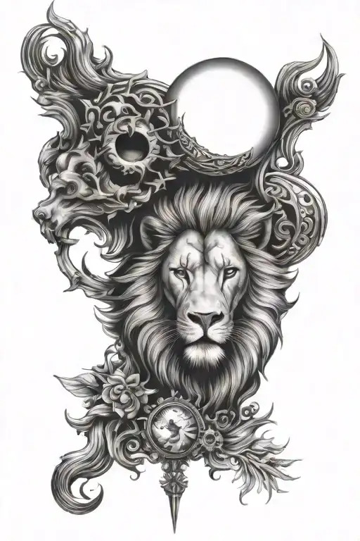 Lion Head With Sun And Moon Leg Sleeve