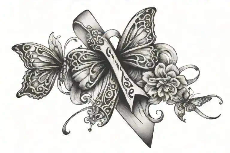 A Cancer Ribbon Wrapped Around A Cross Surrounded By A Butterfly