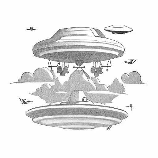 A Minimalist Ufo Hovering Over A Farm With Cows And A Guitar In The Background