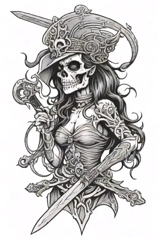 Skull And Woman Holding A Sword