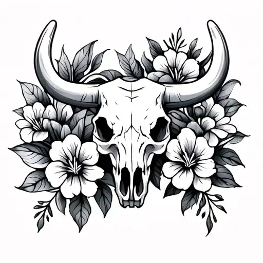 Bull Skull And Honeysuckles Flowers