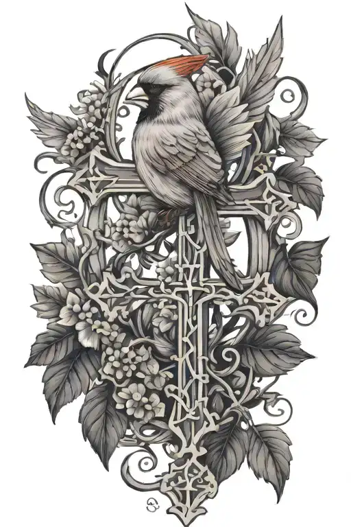 Cardinal And Cross Surrounded By Vines