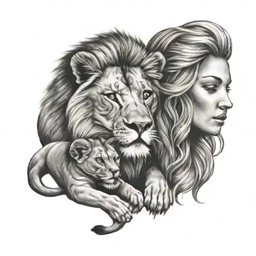 Lion And Human Mom Carrying Her Child