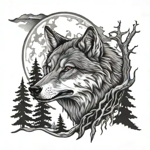 Forest Wolf And Moon