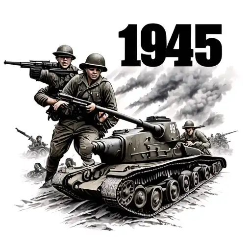 World War Ii Battle Scene With 1945 In Background Black
