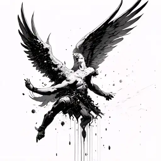 Icarus Falling With A Style Gradient Of Classical To Cyberpunk Style