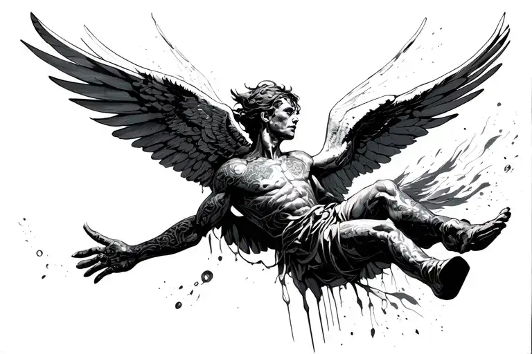 Icarus Falling With A Style Gradient Of Classical To Cyberpunk Style