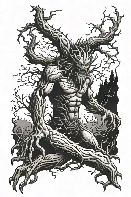 Half Man Half Tree Monster Reaching Towards Light Getting Engulfed By Darkness