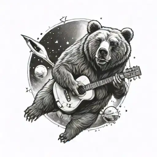 A Tattoo Design Featuring A Grizzly Bear Playing A Guitar In Outer Space