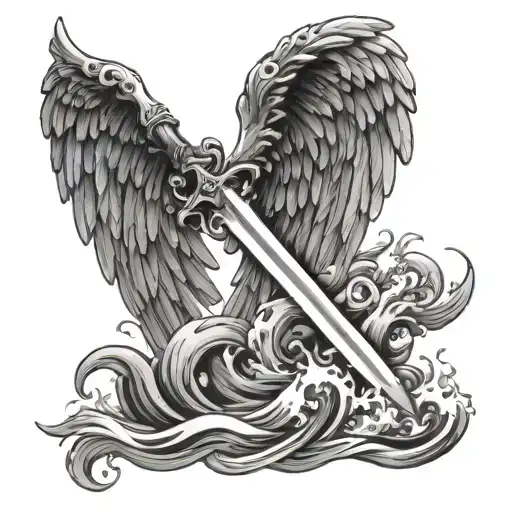 Angel Wings Sword And Water Wave Crashing