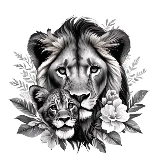 Lioness With Baby Cub And Flowers And Palm Leaves