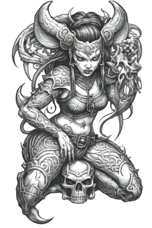 Bdsm Oni Goddess Sitting On Viking Skull