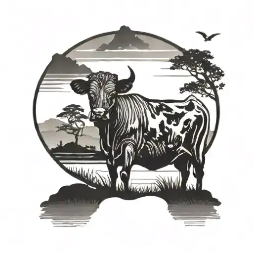 Cow Silhouette With A Peaceful Landscape Background Inspired By Buddhist Teachings