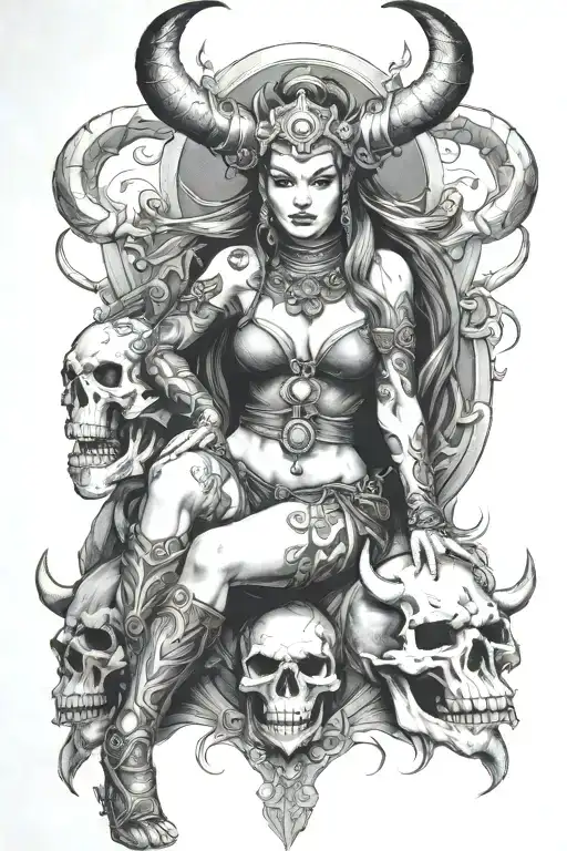 Bdsm Oni Goddess Sitting On Viking Skull