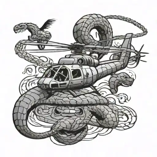 Huey And Cobra Helicopters Flying Over Dragon And Cobra Snake