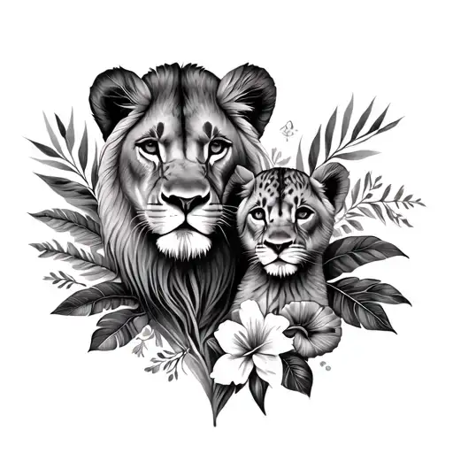 Lioness And Baby Cub With Flowers And Palm Leaves