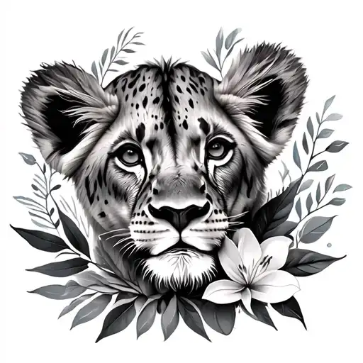 Mommy Lioness And Baby Cub With Flowers And Palm Leaves