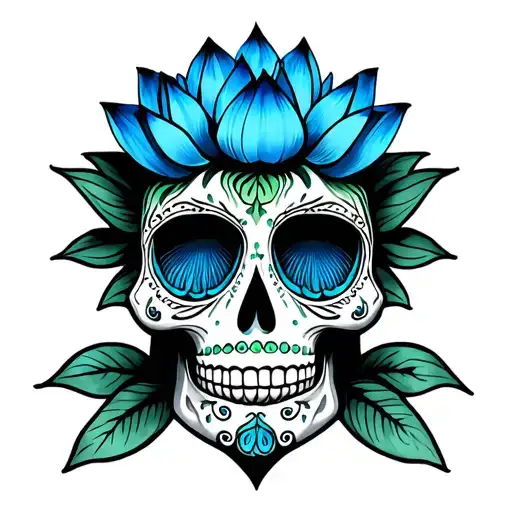 Blue Lotus Flower Under Green Sugar Skull