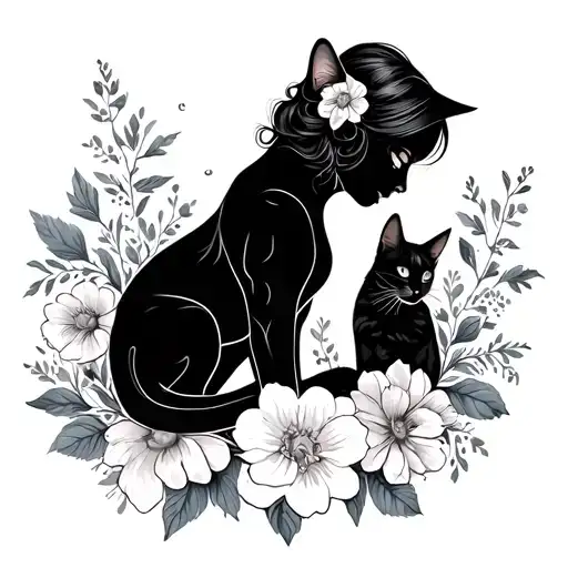 Outline Of A Woman And Cat Surrounded By Flowers Intertwined