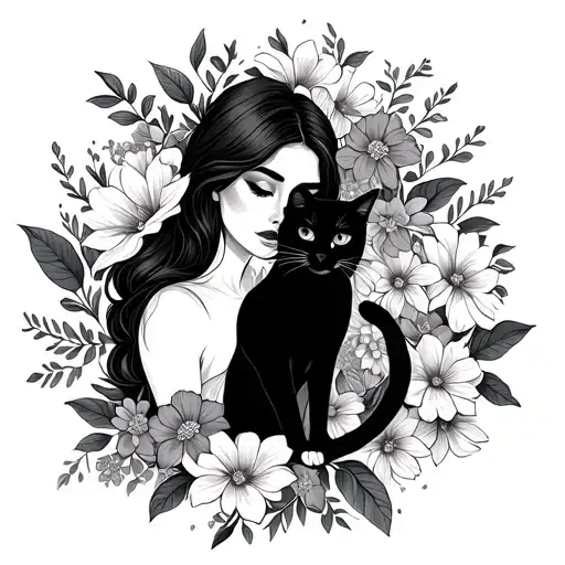 Outline Of A Woman And Cat Surrounded By Flowers