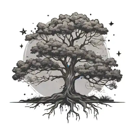 A Big Tree With Shooting Stars Falling Around It And People Holding Hands Around The Tree