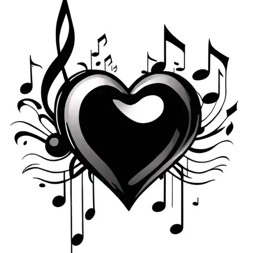 3D Heart And Music Notes Black And White