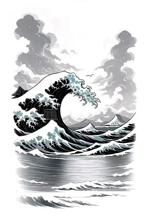 Tori Gate In The Middle Of The Ocean With The Great Wave
