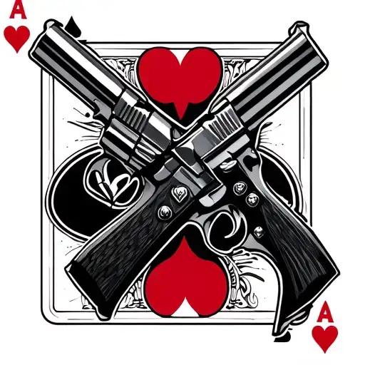 Royal Flush Of Hearts Card Set With Guns In The Background