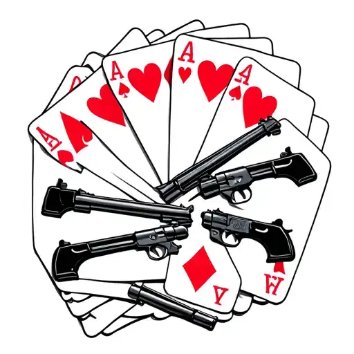 Royal Flush Of Hearts Card Set Spread Out With Guns In The Background Of The Cards