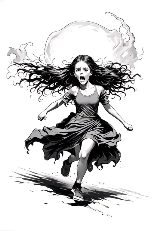 Girl Running Away From Bad Spirit And Looking Over Her Shoulder And Scared