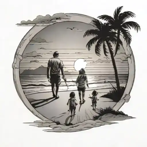 Family Walking On The Beach Into A Sunset Sky
