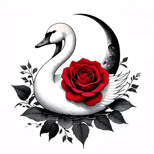 Minimal Tatto Of Swan And Moon And Red Rose