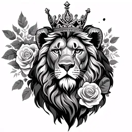 Lion With Crown And Roses With Susnset