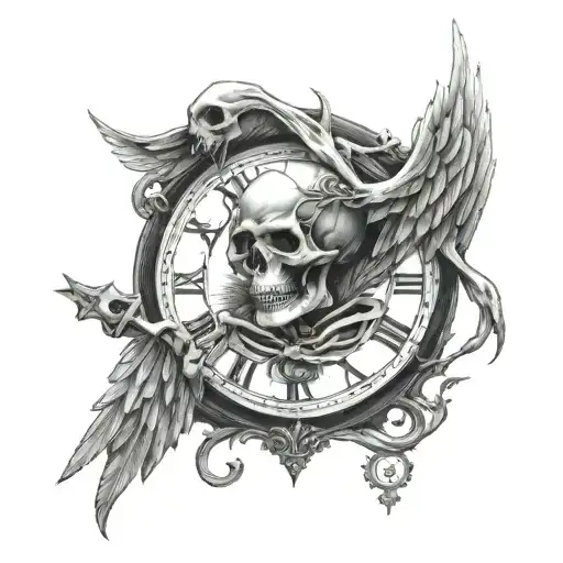 Angel Of Death Holdning Clock Skeleton Head