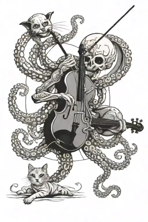 An Abstract Octopus Fights A Cat On The Moon While A Sad Clown Plays The Violin In The Background