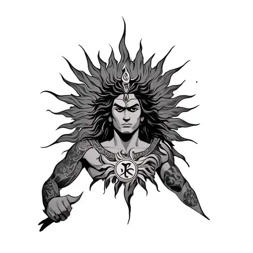 Karna Arises From Sun With Sun Symbol On His Chest In Warrior Form