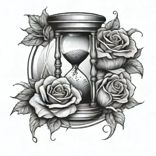 Sand Timer And A Rose Intertwined